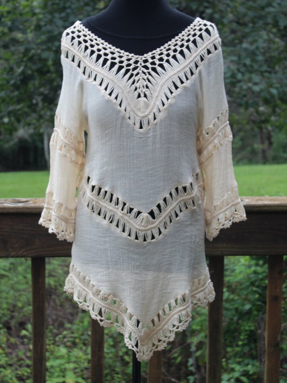 Natural Hue Muslin type Sheer Tunic Crochet Trim and Relaxed Fit BOHO Sz Small